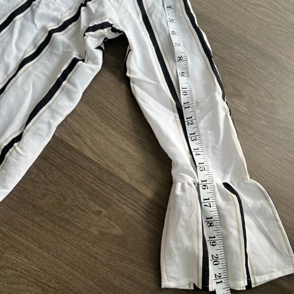 Calvin Klein White Smock-Neck Collarless Striped Blouse with Bell Sleeves - Picture 6 of 12